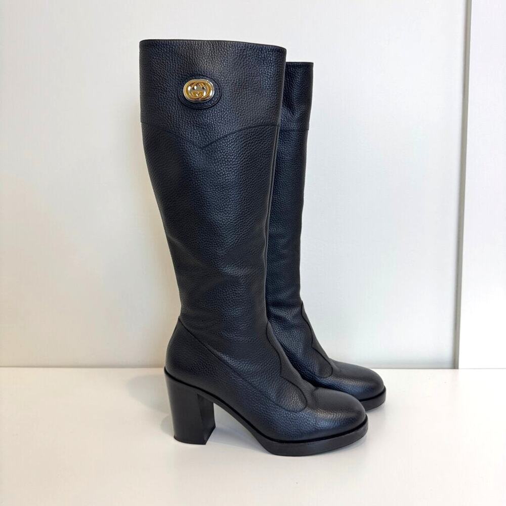 GUCCI Black Austin Leather Gold GG Knee High Block Heel Boots 41 Western Riding